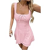 Verdusa Women's Cute Embroidery Tank Dress Tie Knot Square Neck Sleeveless A Line Short Dresses