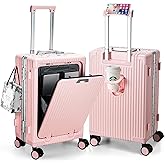 MRPLUM Front Pocket Carry On Luggage,Aluminum Frame PC Hardside Spinner Wheel Suitcase with TSA Lock,Cup Holder,Phone Holder&USB Charging Port,Pink(1 Piece)
