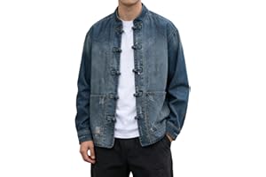 Men’s Chinese Style Denim Jacket Mandarin Collar Frog Button Long Sleeve Jean Coat Casual Hip Hop Vintage Jackets