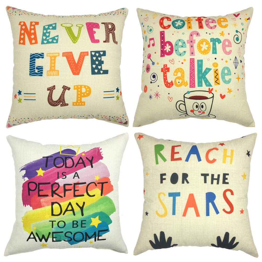 Freeas Set of 4 Inspirational Phrase Pillow Cases, Throw Cushion Cover Cotton Linen Pillowcase Home Decoration,45x45cm