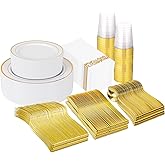 Supernal 400pcs Gold Plastic Plates for 50 Guests Heavy Duty Disposable Party Plates, 200 Gold Plastic Silverware, Linen Napkins, Clear Cups For Valentine's Day Mother's Day and Easter