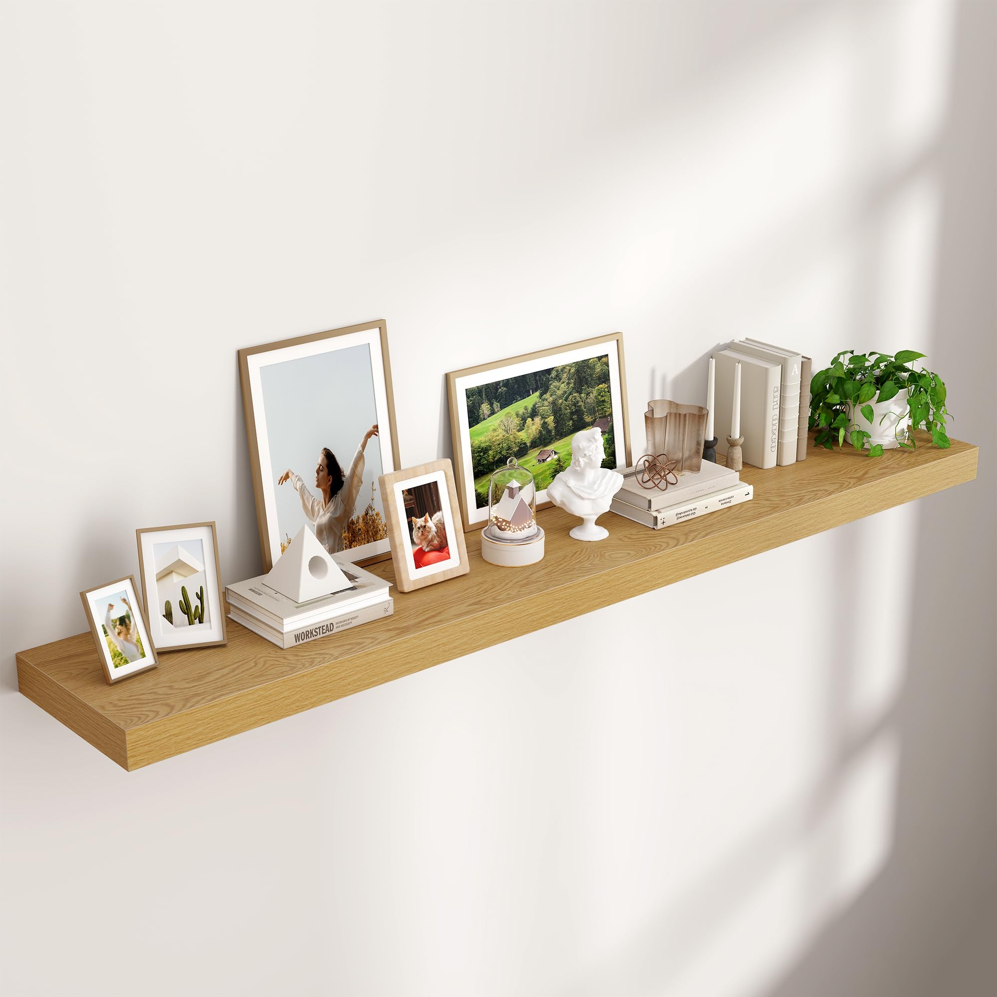 Photo 1 of Venusmiles Large Floating Shelves for Wall, 72" W x 11.6" D x 2" H, 1 Pack of Long Wall Mounted Engineered Wood Shelves with Invisible Brackets for Living Room Bedroom Bathroom Kitchen Decor, Oak