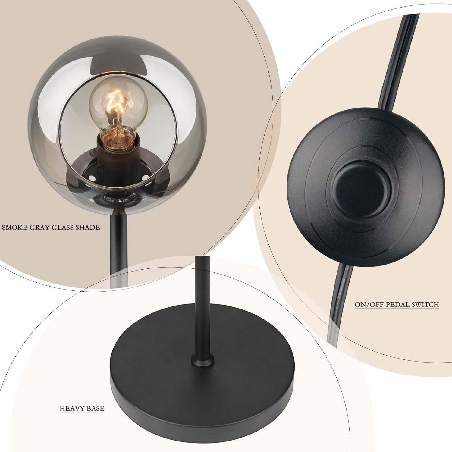 SILMOIRAN Contemporary Industrial 2 Globe Floor Lamp, Plug-in Cord with On-Off Switch, Modern Indoor Pole Light for Bedroom, Living Room, Study Room or Offices (Black Finish and Smoke Gray Glass Shade) - - 