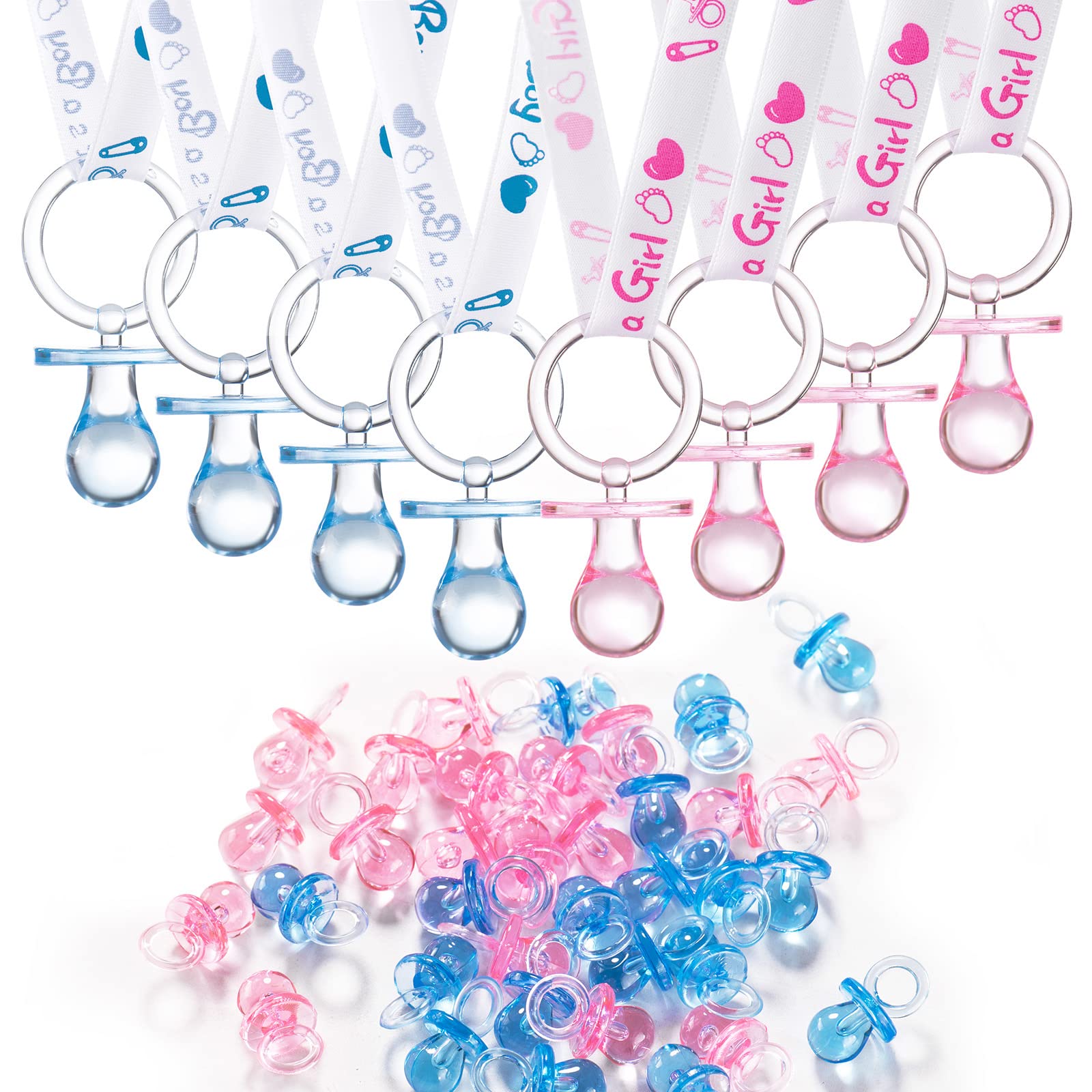 ZYFLSQ 24 Baby Shower Pacifiers Necklace, 30 Mini Acrylic Pacifiers Charm Gender Reveal Charm Party Favors Decorations (Pink and Blue)