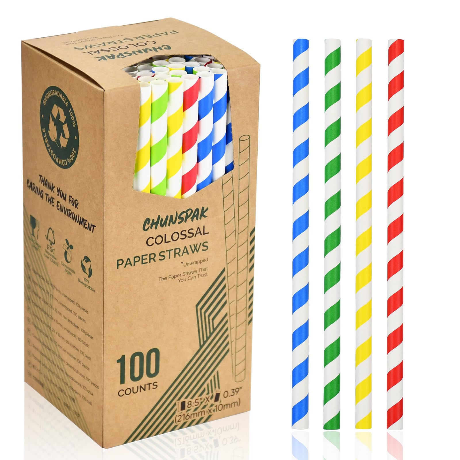 Lives on Green 100 x 216 x 10mm Wide Paper Drinking Straws Colourful Stripes - Smoothie and Milkshake - 4 Ply Heavy Duty Paper - Lasts at least one hour