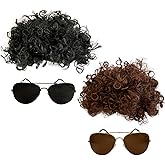 Cossneer 4Pcs Afro Wig Halloween Costume Curly Wig Men Short Black Brown Wig 70s 80s Rocker Wig with Glasses for Halloween Cosplay Party