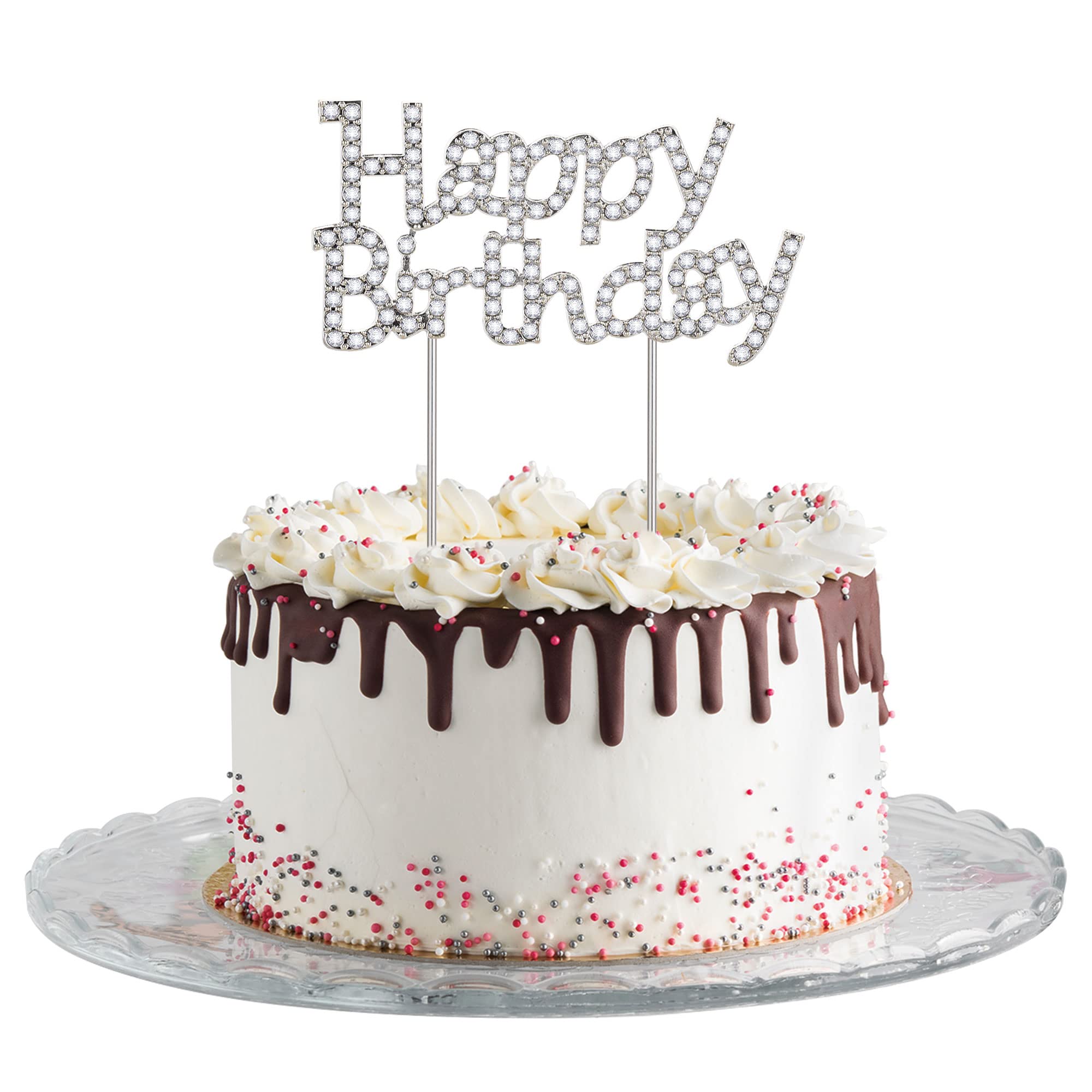Gyufise 1Pcs Happy Birthday Cake Topper Silver Sparkly Rhinestones Cake Topper Decoration Reusable Birthday Cake Decorating for Kids Adult Birthday Wedding Anniversary Party Decorations