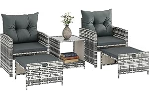 Outsunny 5 Piece Patio Furniture Set, Wicker Patio Chairs with Ottomans, 2-Tier Glass Coffee Table, Cushions, Outdoor Furnitu
