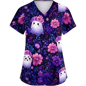 Halloween Scrub Top Print Womens Scrubs Medical Nursing Uniforms | Halloween Scrub Tops Women Short Sleeve Scrubs For Women S
