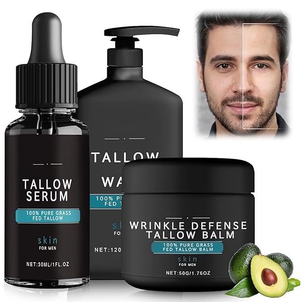 WRINKLE DEFENSE TALLOW BALM, SKIN CARE FOR MEN, MENS FACE CARE SET (TALLOW CREAM + TALLOW NIGHT SERUM + TALLOW FACE WASH), MOISTURIZER & ANTI WRINKLES FOR MEN DAY & NIGHT(1 SET)
