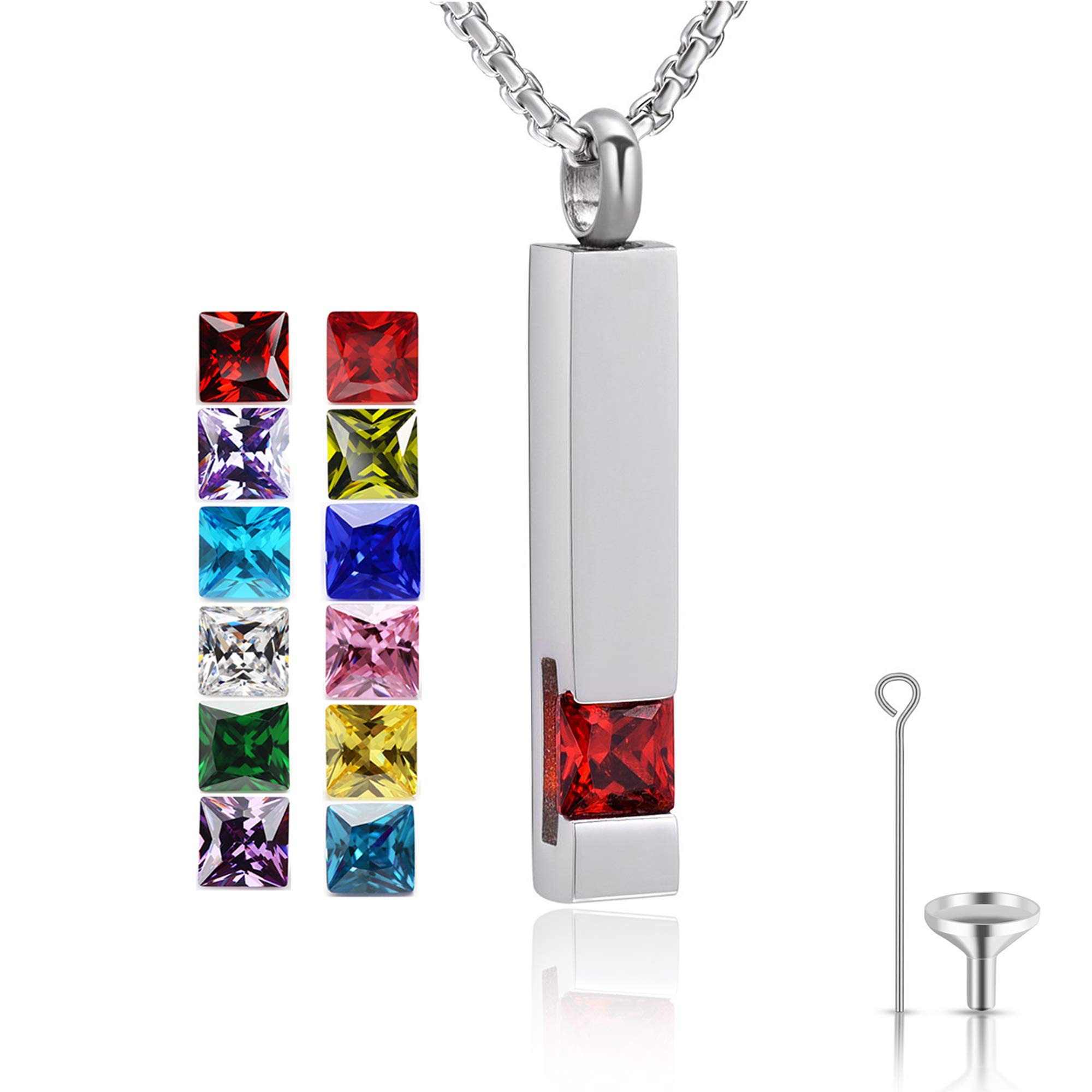Urn Necklace for Ashes Birthstone Cuboid Cremation Jewelry Keepsake Holder Memorial Locket Necklace Pendant