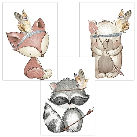 Wandbilder 3er Set für Babyzimmer Deko Poster | Kunstdruck DIN A4 | Dekoration Kinderzimmer Waldtiere (Fuchs Waschba?r Ba?r B