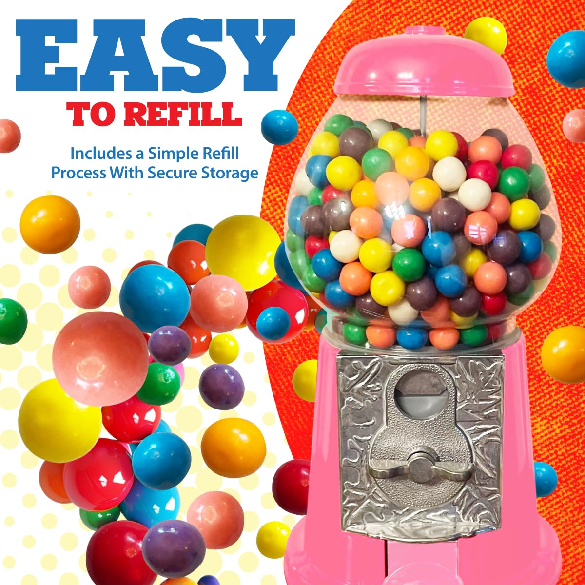 American Gumball Company - Metal 11-Inch Retro Style Pink Gumball Machine, Made for 0.62 Inch Gumballs, Candy or Nuts, Accepts Any US Coin