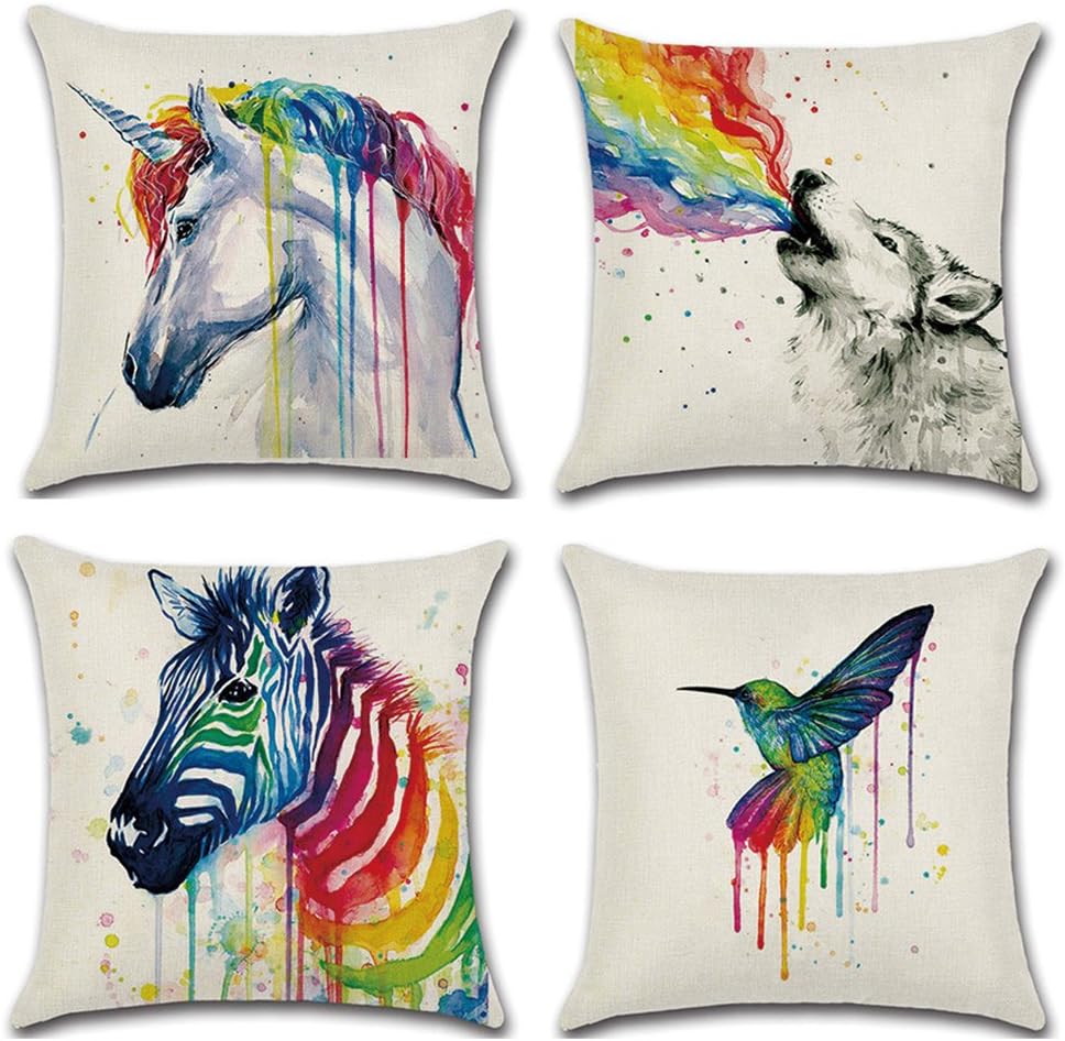 ATEENY Cotton Linen Square Throw Pillow Case Rainbow Animals Zebra Cushion Cover Case for Home Decorative 18 x 18inch Set 4-Pack (Colorful)