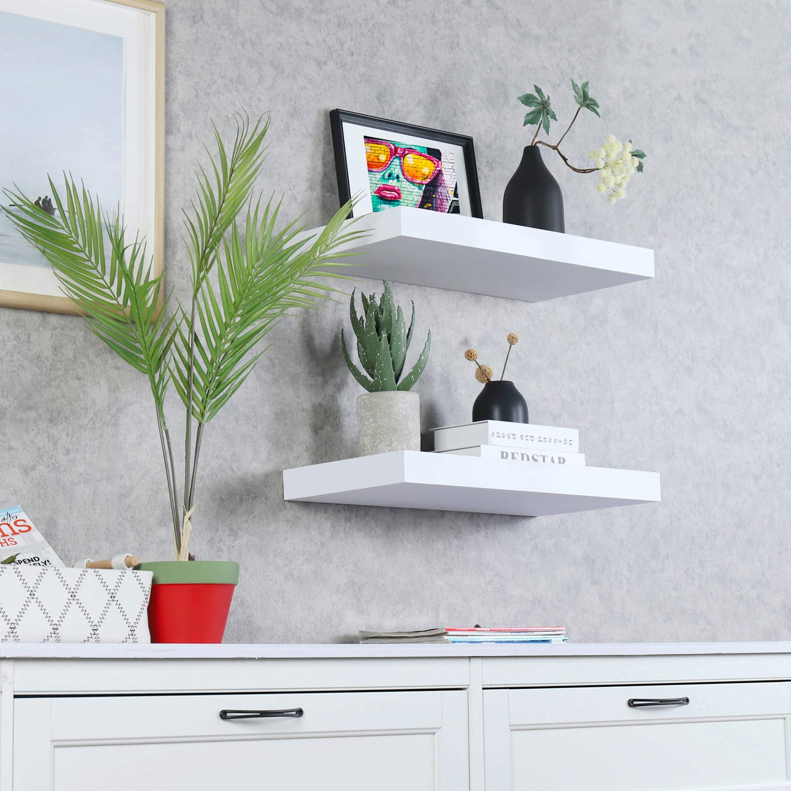 WELLAND 12" Deep White Floating Shelves 2 Pack, Wall Shelf Display Floating Shelf, 23.62" L x 11.81" D x 2" T, Deeper Than Others, White