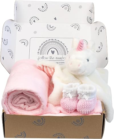 Baby Box Shop Newborn Essentials Gift Set for Girls Unicorn Comforter Pink