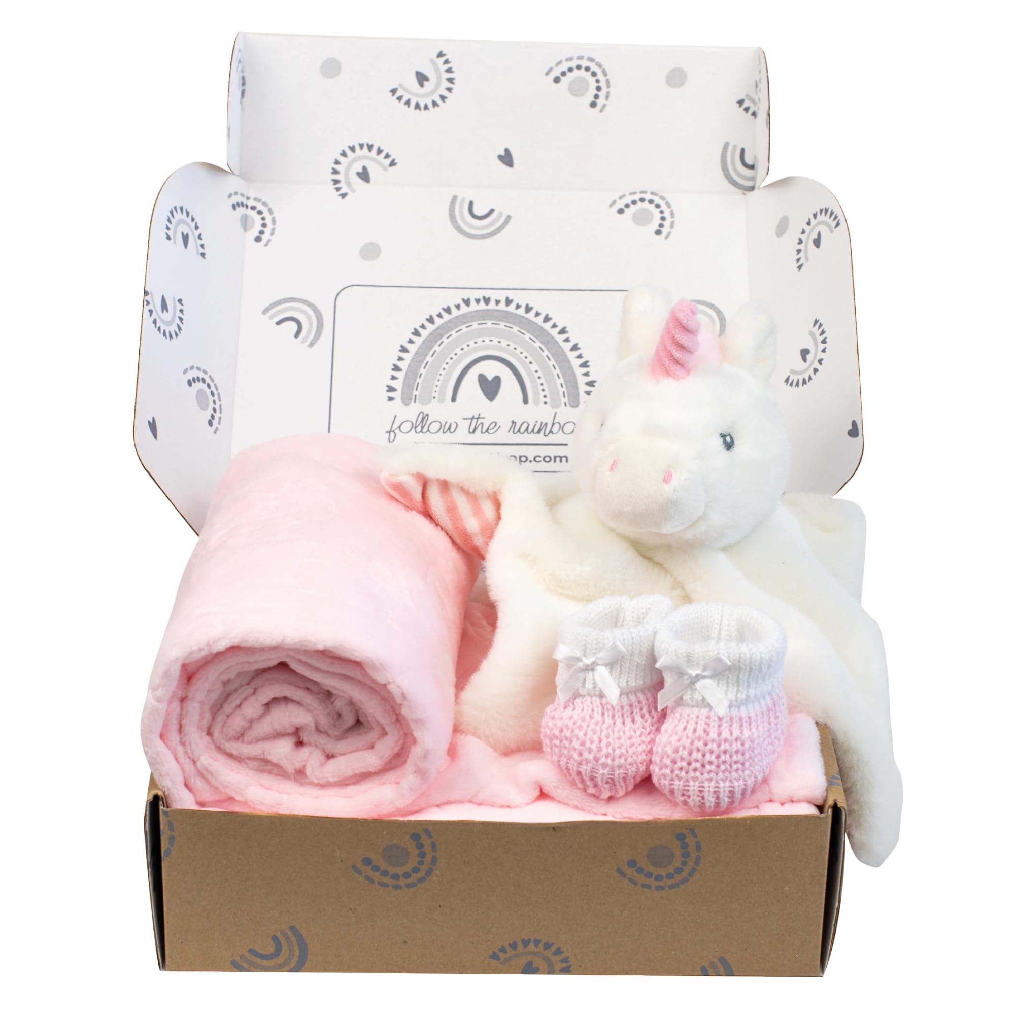 Baby Box Shop - 4 Baby Essentials for Newborn Baby Girl, Ideal as Christening Gifts for Girls, Includes a Unicorn Baby Comforter, Pink Fleece Baby Blanket and Pink Cotton Booties