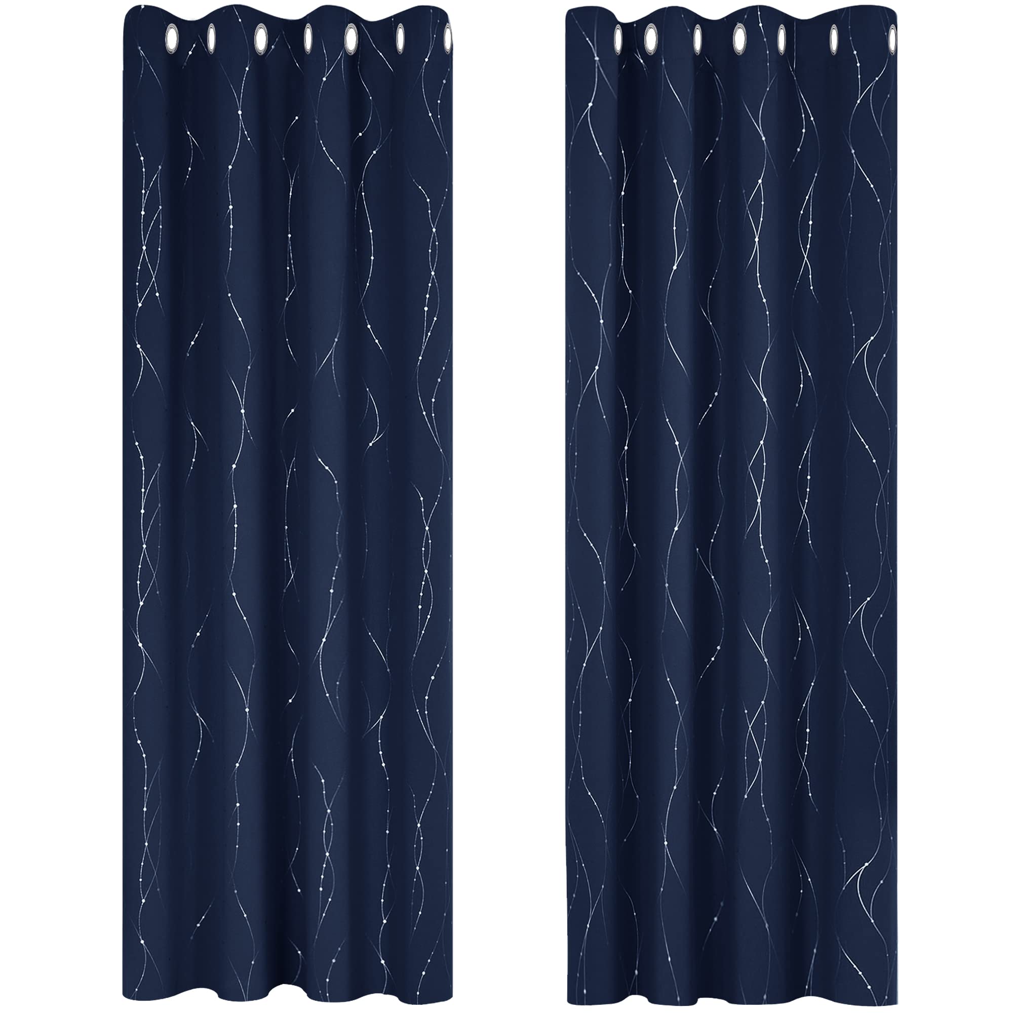 Deconovo Functional Blackout Curtains Dotted Line Foil Printed Eyelet Curtains Thermal Insulated Curtains for Kids Bedroom Navy Blue W55 xL69 One Pair — image 1