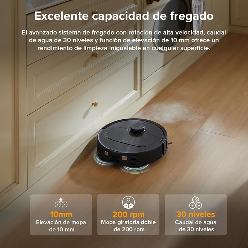 roborock QV 35A set Robot Vacuum Cleaner, sucção de 8000Pa, duas esfregonas rotativas de elevação, escovas anti-emaranhado, tecnologia reativa para evitar obstáculos, navegação e mapeamento, Preto