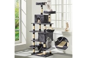MDEAM Cat Tree 74 Inch Multi-Level Large Cat Tower with 16 Sisal Scratching Posts,2 Caves,2 Perches,Hammock,Scratching Board,Basket,Cozy Plush Cat Perches for Indoor Large Cats(Dark Gray)