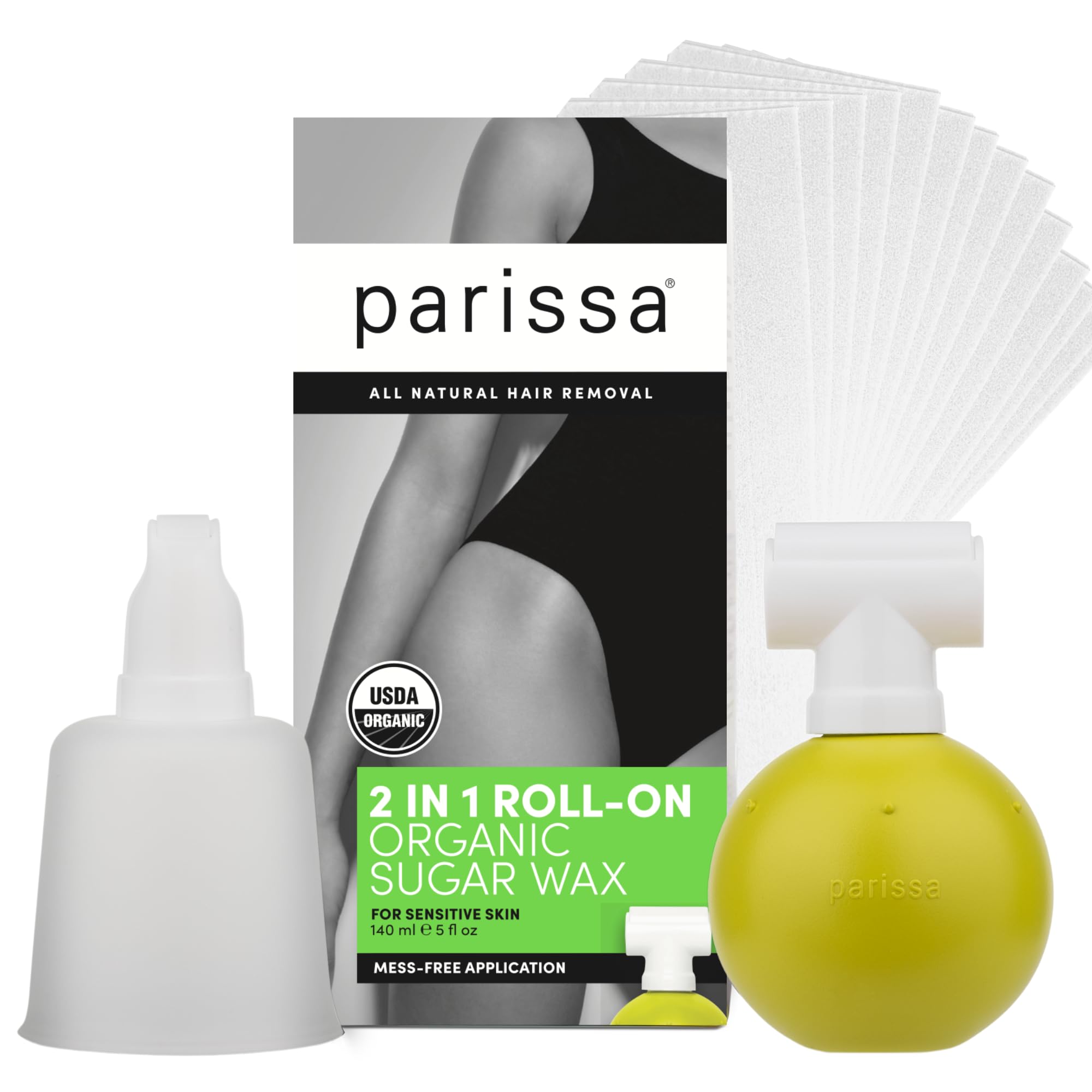 Parissa Organic Roll-On Sugar Wax Kit for At-Home Waxing, 100% Natural, Sensitive Skin, Gentle & Washable Formula