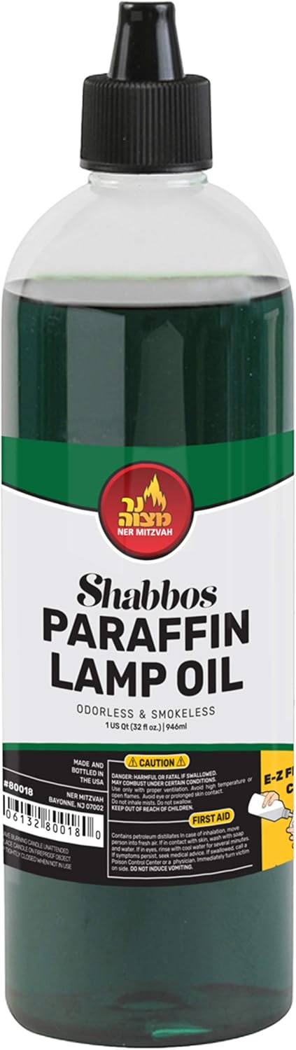 Oil Lamps & Accessories - Ner Mitzvah Paraffin Lamp Oil - Green Smokeless, Odorless, Clean Burning Fuel for Indoor and Outdoor Use with E-Z Fill Cap and Pouring Spout - 32oz