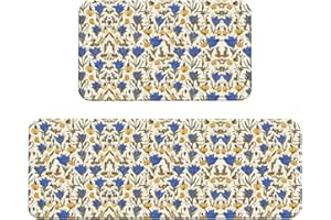 Blue and Yellow Flowers Printed 2-Piece Kitchen Mat Set Non-Slip Mat Set Suitable for Kitchen Laundry Room and Entryway