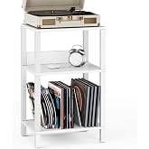 TUTOTAK Record Player Stand with Storage Up to 100 Albums | Record Storage Table, 3 Tier End Table, Side Table for Living Room, Bedroom, White TB01BW075