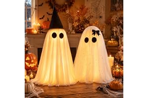 2 Pack Halloween Decorations Indoor & Outsoor, Spooky Light Up Ghost with Witch Hat, Glowing Ghost Table Decor with Sparkling