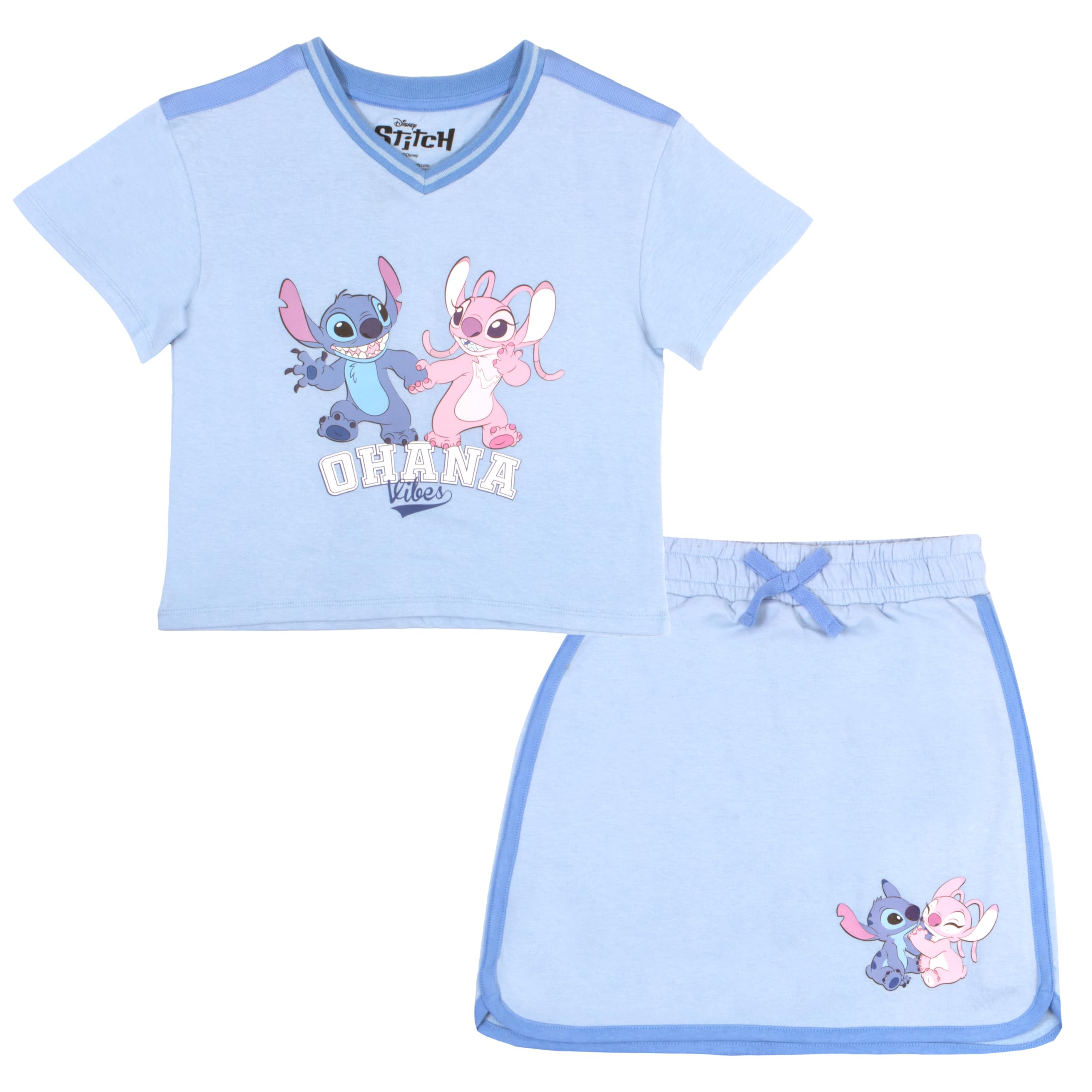 View 1 of **Bottoms only** Disney Lilo and Stitch Girls 2-Piece Set - Casual Short Sleeve Stitch and Angel Graphic Print T-Shirt and Skort Bundle for Kids (Blue, Size 7/8)