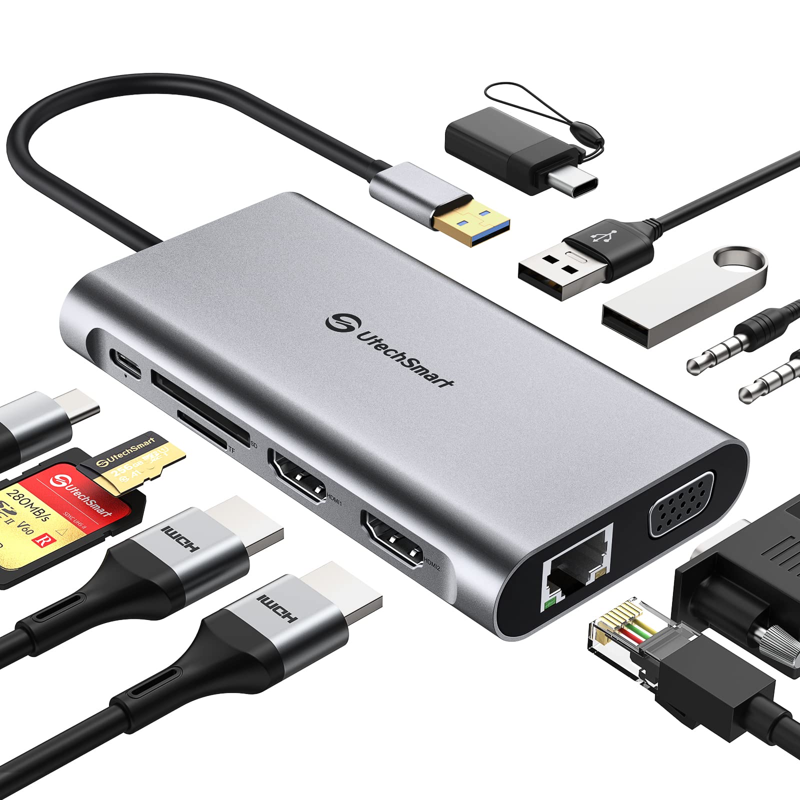 Photo 1 of UtechSmart USB Docking Station, 11 IN 1 USB C Dock Triple Display, USB 3.0 Laptop Docking Station with Dual HDMI, VGA, PD, Ethernet, SD/TF, USB 3.0, Mic/Audio, Compatible for MacBook M1 Dell HP Lenovo