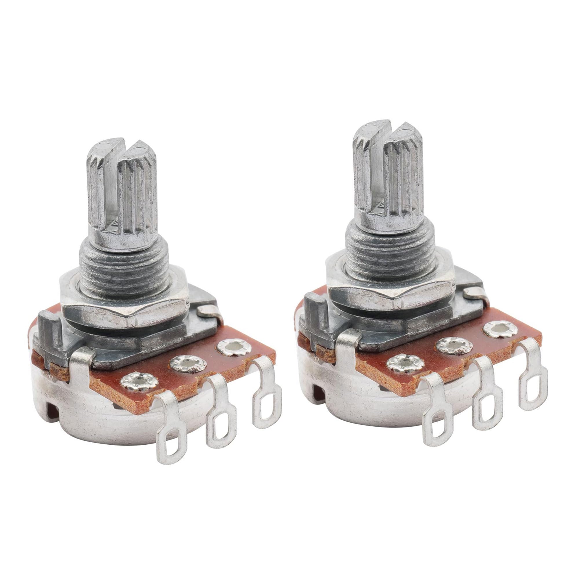 Musiclily A500K Mini Metric Coarse 18-Spline Split Short Shaft Pots Audio Taper Potentiometers for Electric Guitar Bass (Set of 2)