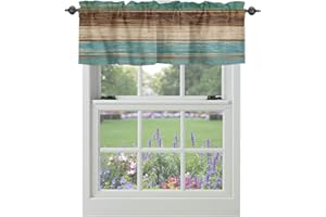 VANDARLLIN Farmhouse Kitchen Curtains Valances for Windows Teal Turquoise Green Brown Country Rod Pocket Window Treatment for Kitchen /Living Room/Bedroom/ Bathroom,42" X 12" -1 Panel, Retro Rustic Barn Wood