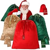 Sanwuta 3 Pcs Christmas Velvet Santa Sack 31 x 27 Inch and 3 Pcs Velvet Drawstring Bags 4.7 x 3.5 Inch, Large Santa Bags with Kraft Tags for Christmas Holiday Presents, Stocking Stuffer Candy Gifts