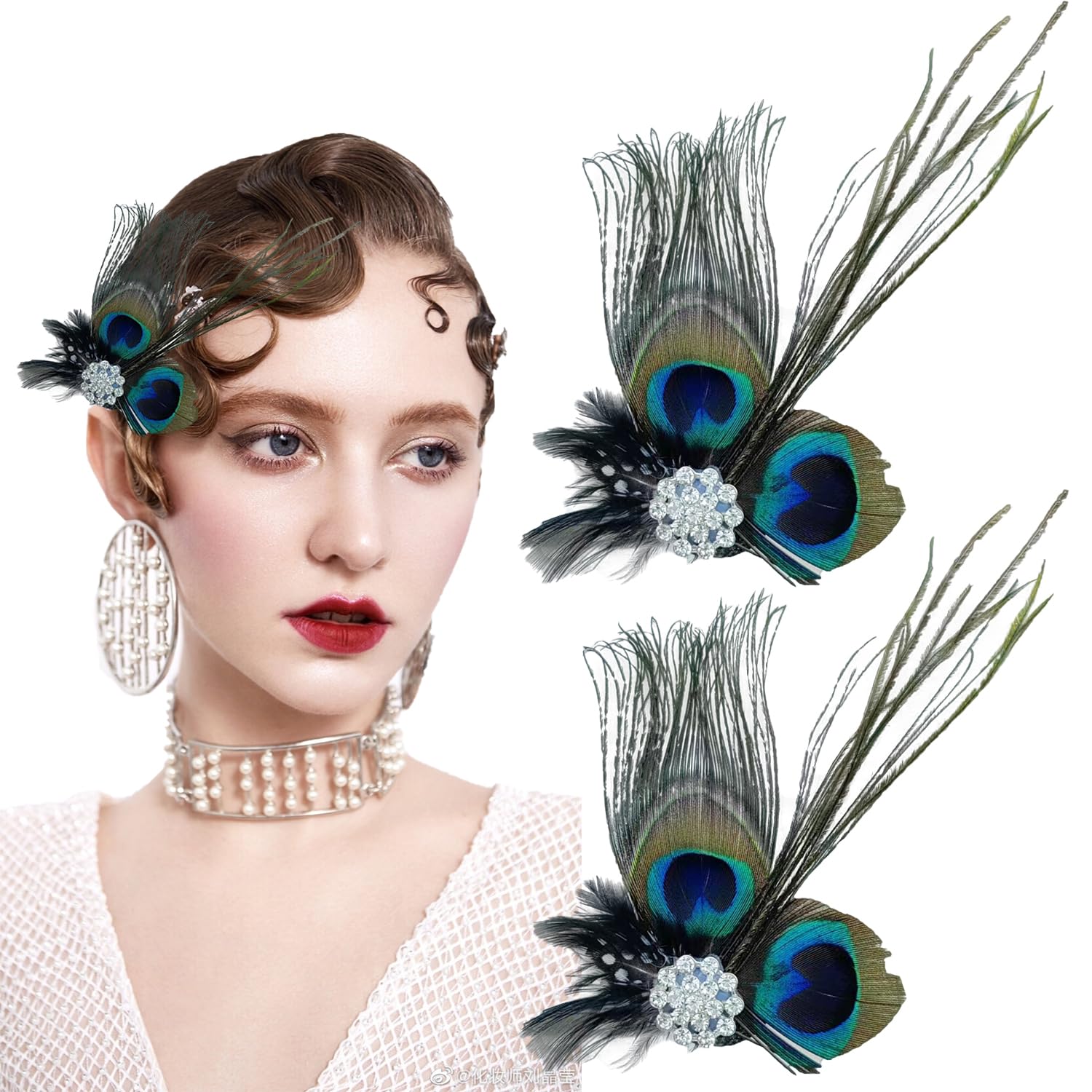 2 PCS Peacock Feather Hair Clips,Green Flapper Headpiece Vintage Festival Prom Hair Accessories for 20s Flapper Headpiece for Women and Girls