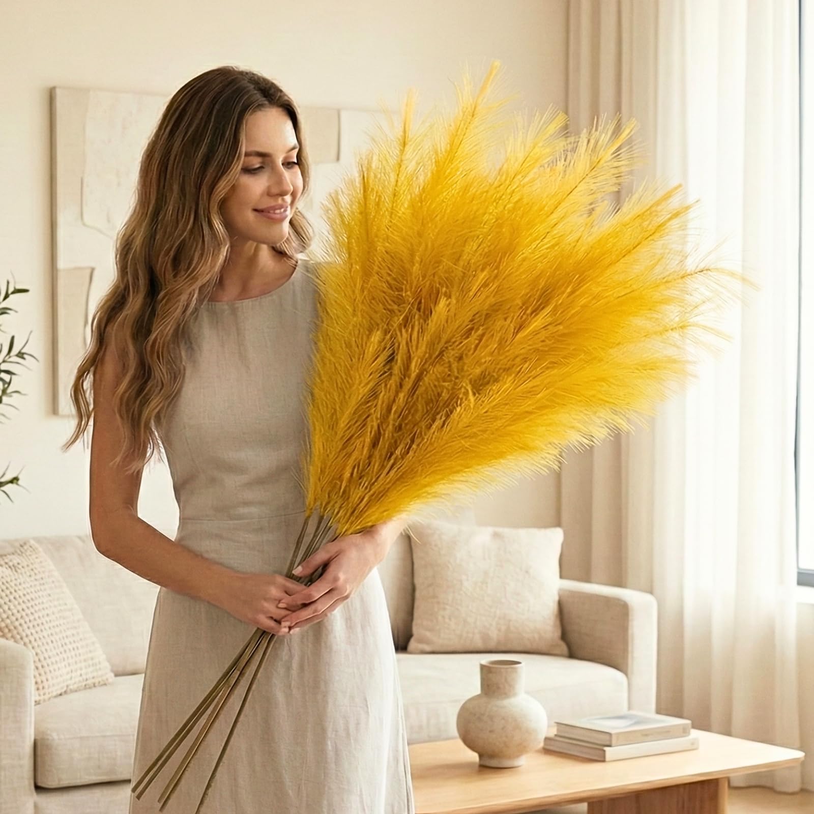 Large Gold Pampas Grass For Bedroom Decor, Faux Artificial Pampas Grass Tall For Floor Vase, Fake Pampas Plant Living Room Accessories Ornaments, Gold Feathers 3 Stems