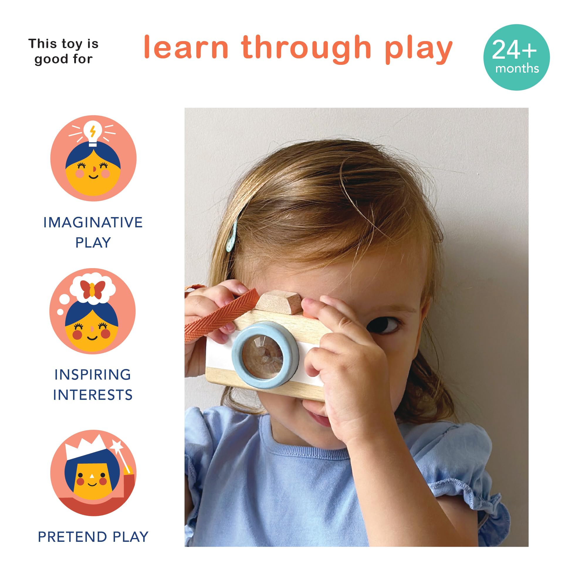 Mentari Toys - Camera - Wooden Pretend Camera Toy for Toddlers with Kaleidoscope Lens - Early-Learning Camera for Sense Stimulation and Motor Skills - Portable Toy for Imaginative Play - Age 2+
