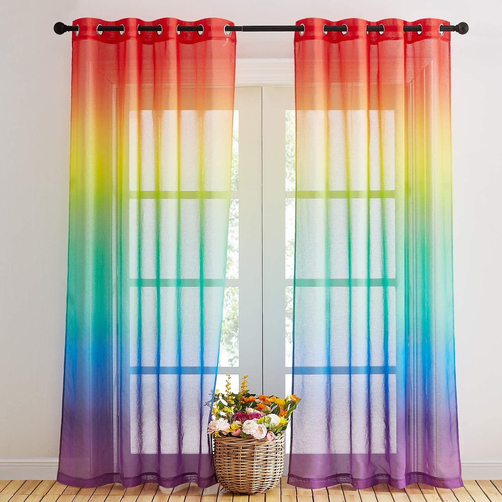 NICETOWN Kids Curtains Colour Gradient Rainbow Curtains for Girls Boys, Decorative Scarves Semi-transparent Voile curtains with eyelets, 2 Panels, W 55 x L 96 Inch Drop