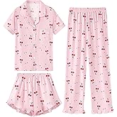 QZH.DUAO 3 Piece Girls Pajama Sets 100% Cotton Ruffle Long Pants with Shorts Sleepwear 3pcs Button Down PJs 5-14 Years