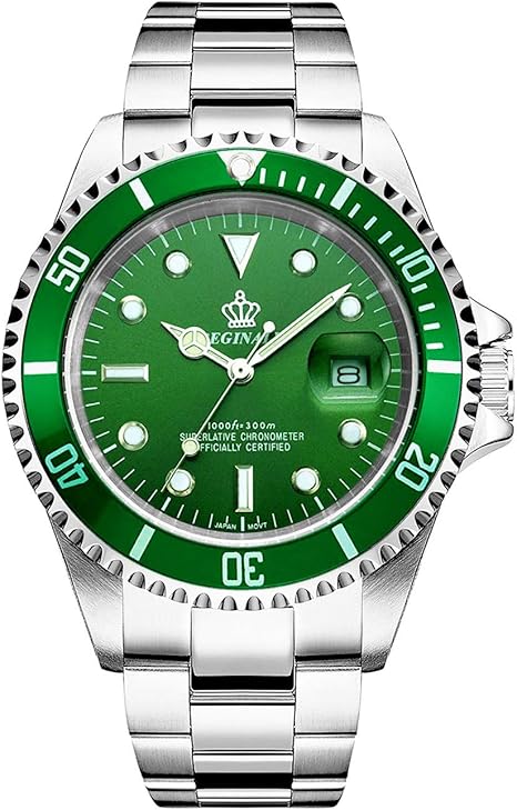 Amazon Reginald メンズ 腕時計 夜光 クォーツ 回転ベゼル サファイアガラス シルバー ステンレススチールバンド ケース 防水 スポーツ ブラック 腕時計 グリーンダイヤル メンズ腕時計 腕時計 通販