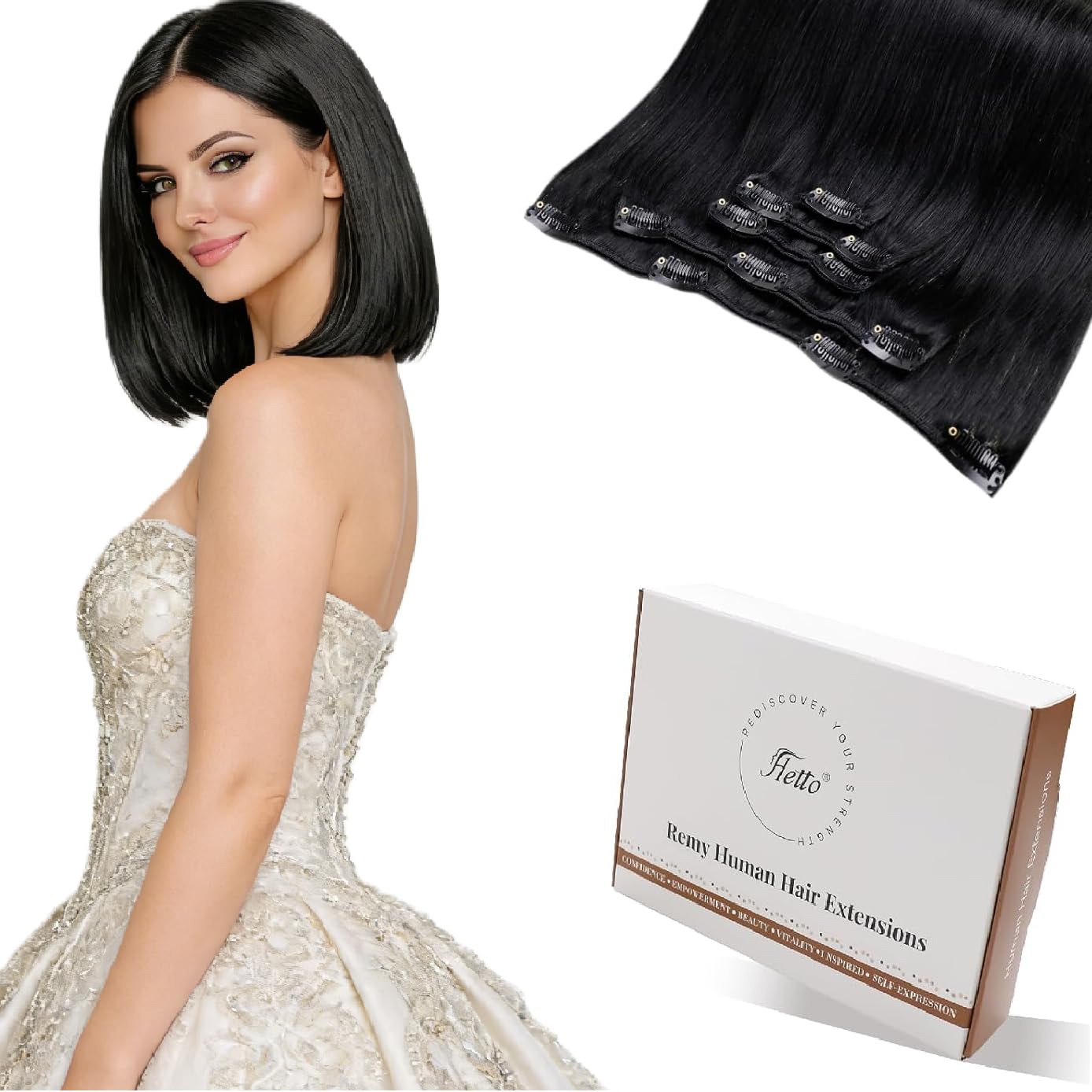 Hetto Clip in Hair Extensions Real Human Hair Black - Short Straight Hair Clip in Extensions, Invisible Seamless Clip Ins Lightweight Hold All Day Long 5pcs 80g 14 Inch #1