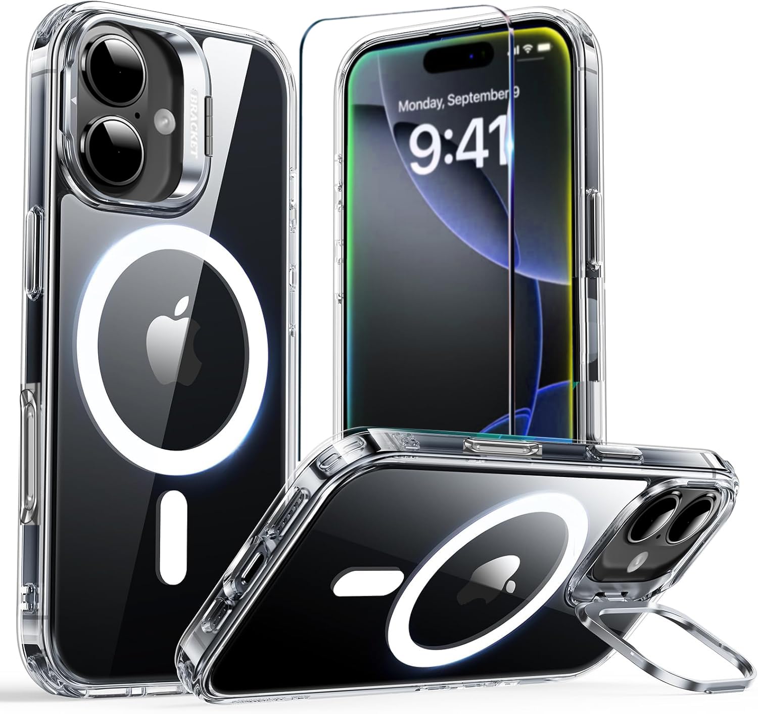 FATUOQIA for iPhone 17 Case Clear,Magnetic iPhone17 Case with Screen Protector [Compatible with MagSafe], Shockproof TPU Cover for iPhone Case 17 Built-in Stash Stand