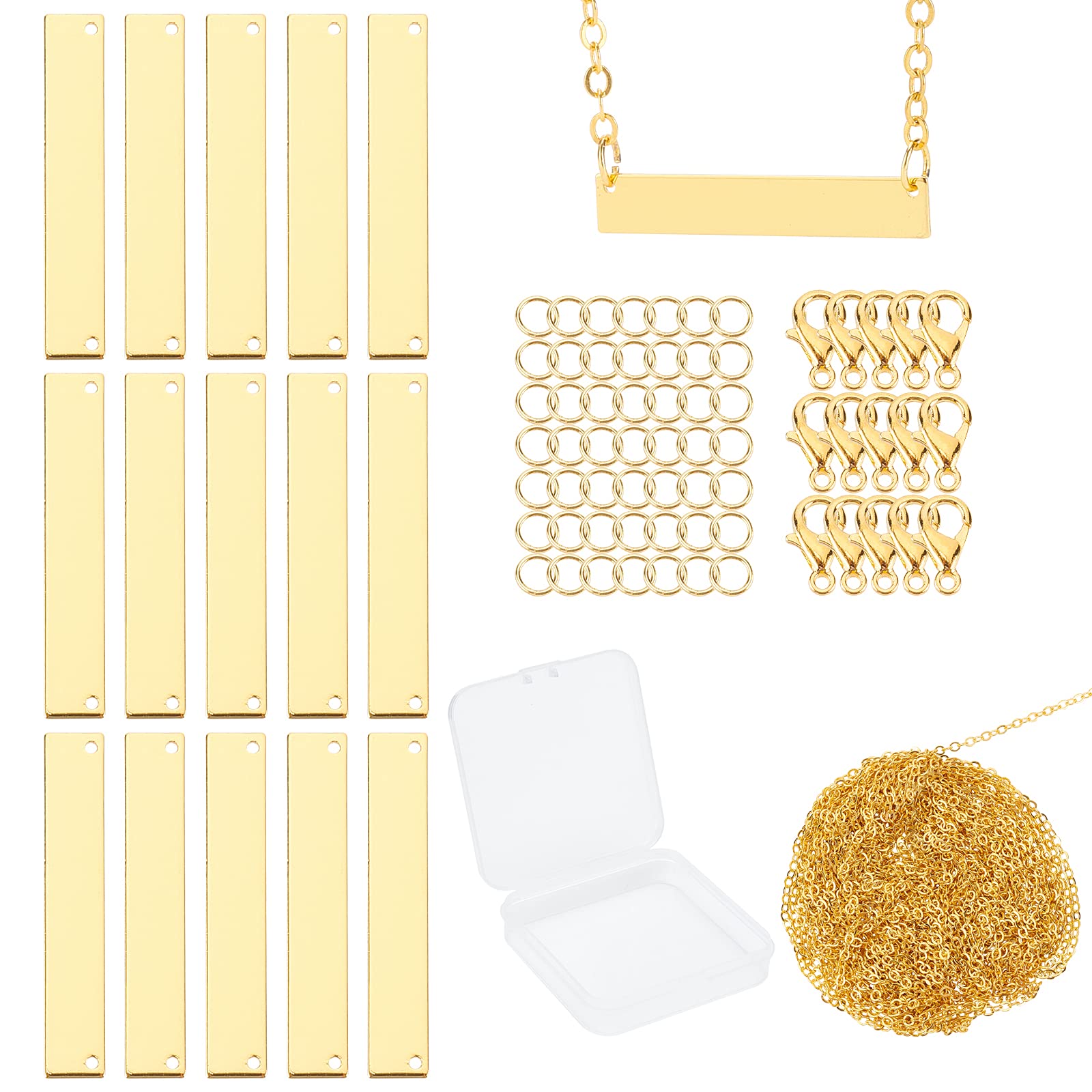 SUNNYCLUE 1 Box 130Pcs Stamping Blank Bar Pendants Rectangle Brass Stamping Tag Metal Name Plate Charms with Jump Rings Lobster Clasps Cable Chains for DIY Bracelet Necklace Earring Supplies, Golden