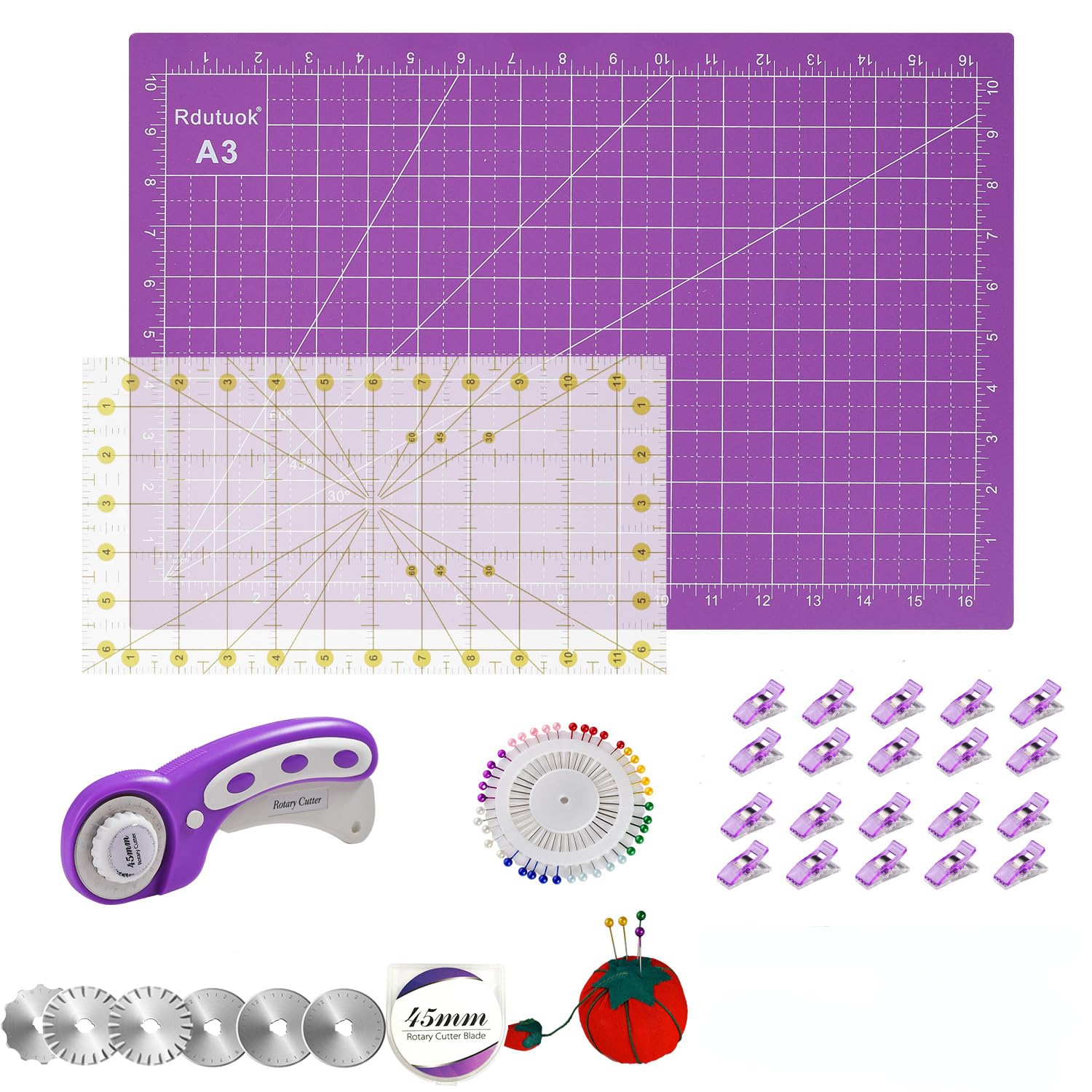 Rdutuok 45mm Rotary Cutter Set Quilting Kit, 5 Replacement Blades, A3 Cutting Mat(28X42cm), Acrylic Ruler,Sewing Pins,Cushion,Craft Knife Set and Craft Clips - Ideal for Sewing,Crafting Purple
