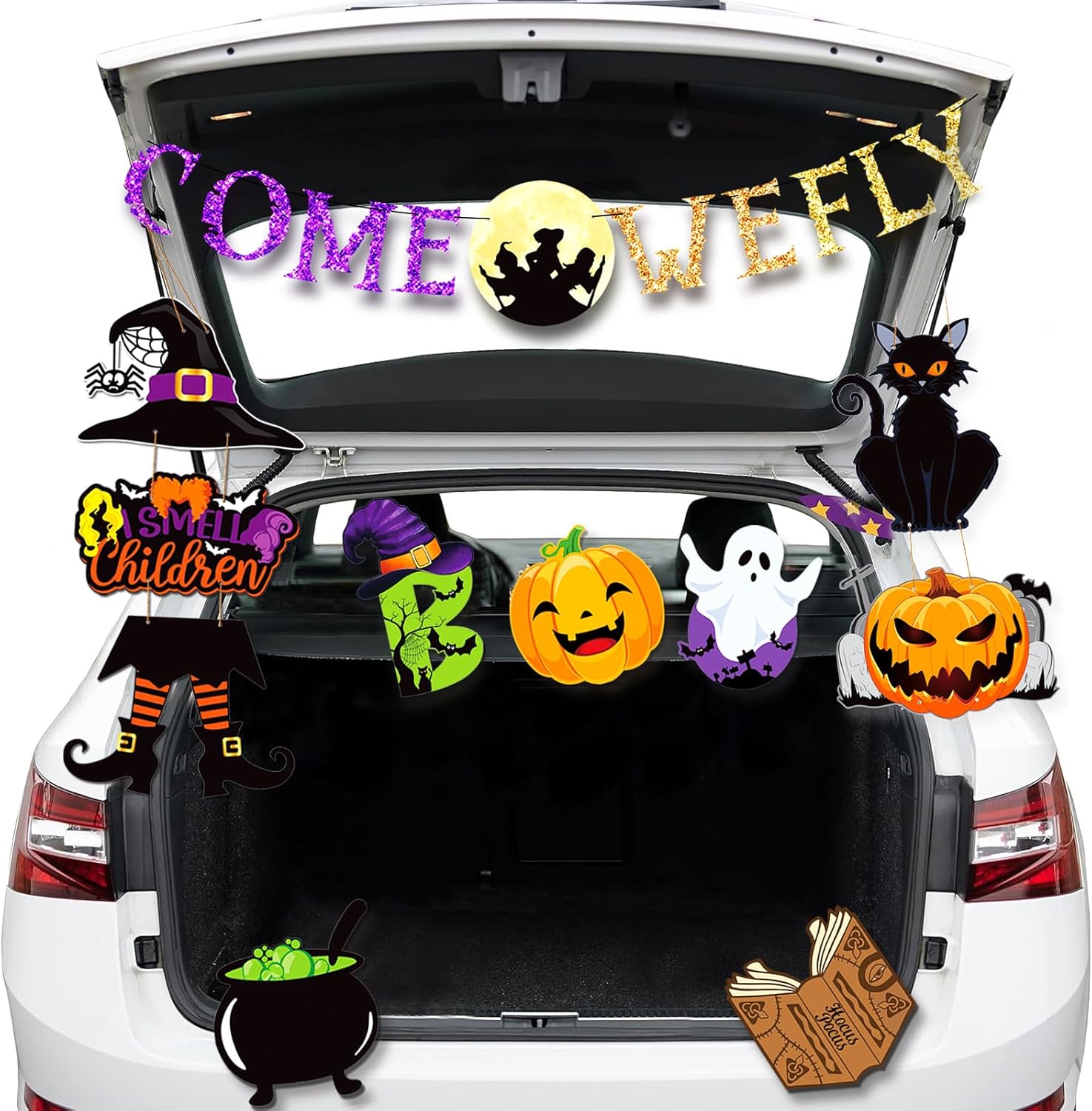 Garage Door Decorations - Halloween Trunk or Treat Witch Car Decorations Kit, Garage Door Arch Entrance Window Decor with Glitter Banner, Witch Hat, Cat, Pumpkin, Ghost, Magic Book, and More for Spooky Halloween Ambiance