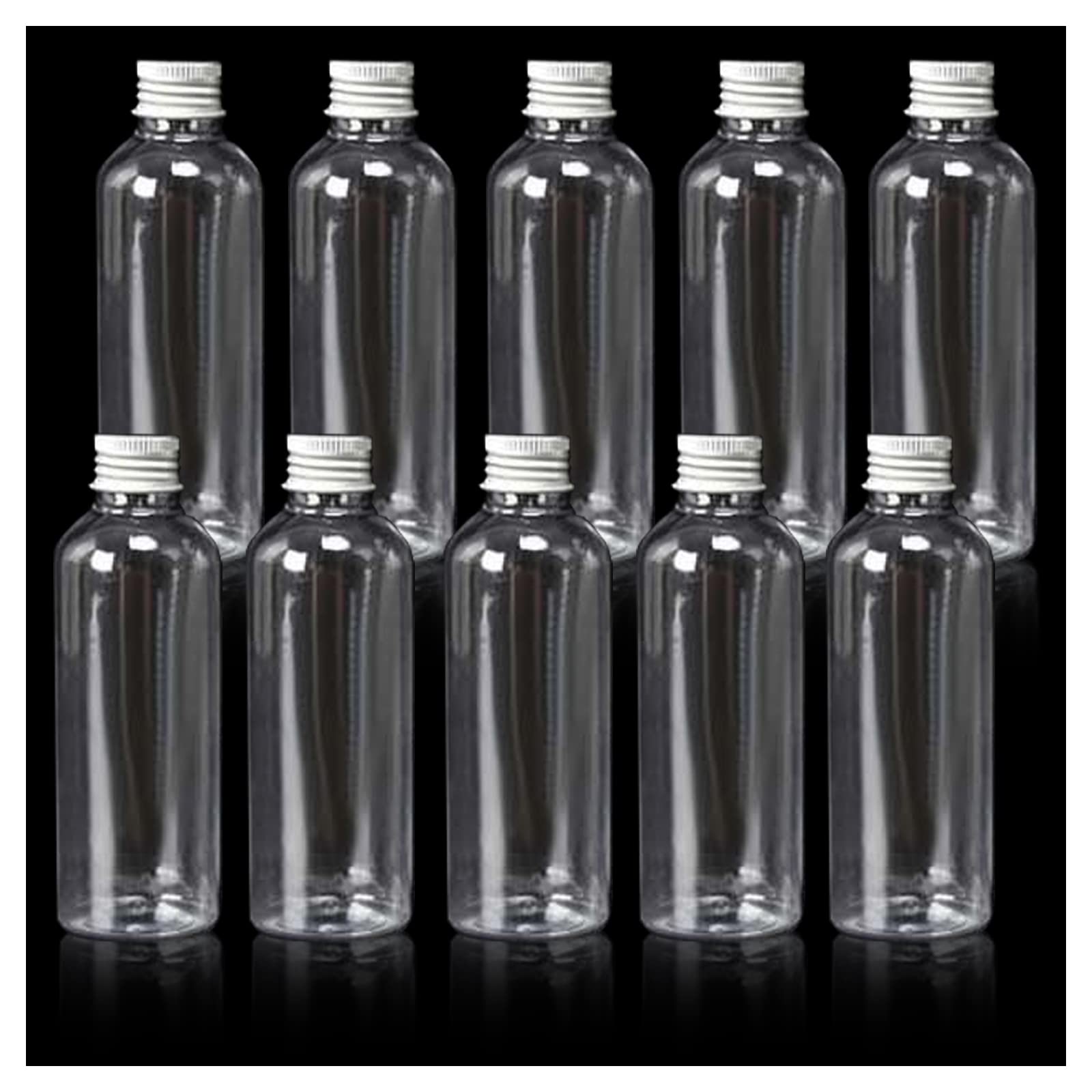 Kitnish Plastic Bottles 100ml with Silver Screw Caps, Reusable Bottles with Funnel, Parties & Wedding Favours (10PCS)