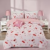 Aimuan Pink Cherries Comforter Set Cartoon Love Hearts Flowers and Grass Bedding Set for Girls Boys Kids Lightweight Soft 6 Piece with 2 Pillow Covers (Pink Red, Twin 6Pcs)