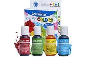 Chefmaster - Primary Colors Liqua-Gel Food Coloring Kit - Water-Based Food Coloring Gel - 4 Pack - Highly Pigmented Gel, Create Vividly Colored Desserts, Easy-To-Blend Formula - Made in the USA