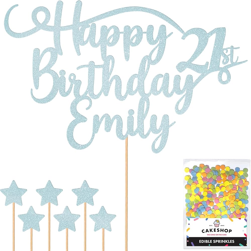 Cakeshop Personalised Happy Birthday Glitter Cake Topper - Light Blue