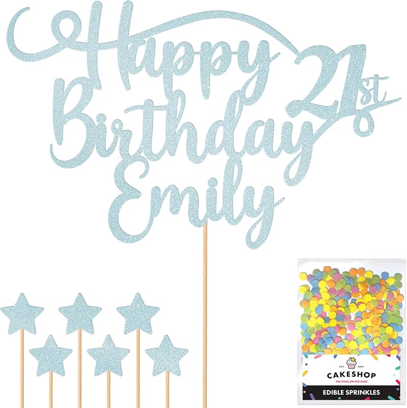 Cakeshop Personalised Happy Birthday Glitter Cake Topper - Light Blue